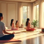 A serene meditation space bathed in soft, natural light featuring a diverse group of people sitting in peaceful meditation poses, with elements like soft c