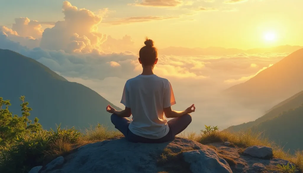 Create an image of a person sitting in silent meditation on a tranquil mountain peak at sunrise. The serene surroundings include lush greenery and floating