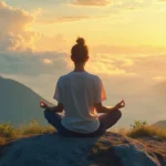 Create an image of a person sitting in silent meditation on a tranquil mountain peak at sunrise. The serene surroundings include lush greenery and floating