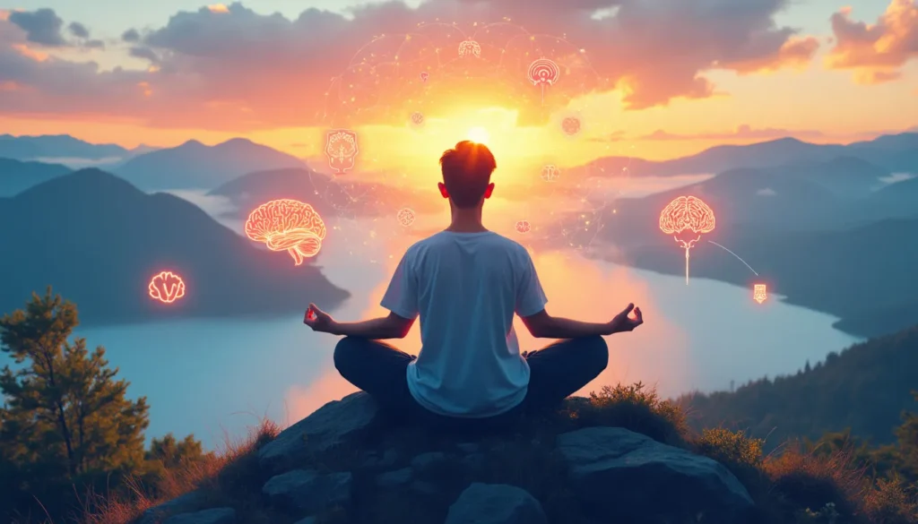 An individual is sitting cross-legged on a serene mountain peak at sunrise, surrounded by mist and clouds. They have their eyes closed and appear deeply fo