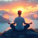 An individual is sitting cross-legged on a serene mountain peak at sunrise, surrounded by mist and clouds. They have their eyes closed and appear deeply fo