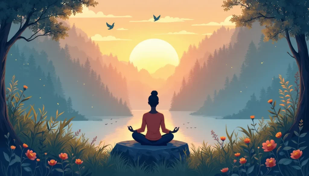 A serene scene of a person meditating in a peaceful, lush forest at sunrise, with a gentle glow surrounding them. The person is sitting cross-legged on a n