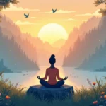 A serene scene of a person meditating in a peaceful, lush forest at sunrise, with a gentle glow surrounding them. The person is sitting cross-legged on a n