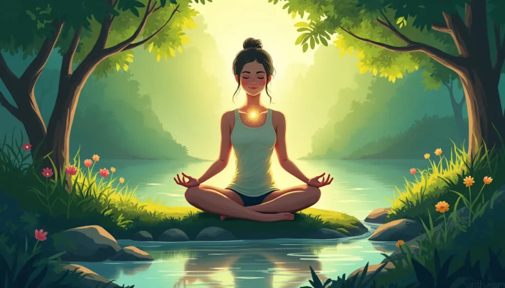 A serene scene of a person meditating in a peaceful natural setting, surrounded by lush green trees and a calm river nearby. They are seated in a cross-leg