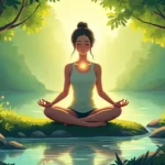 A serene scene of a person meditating in a peaceful natural setting, surrounded by lush green trees and a calm river nearby. They are seated in a cross-leg