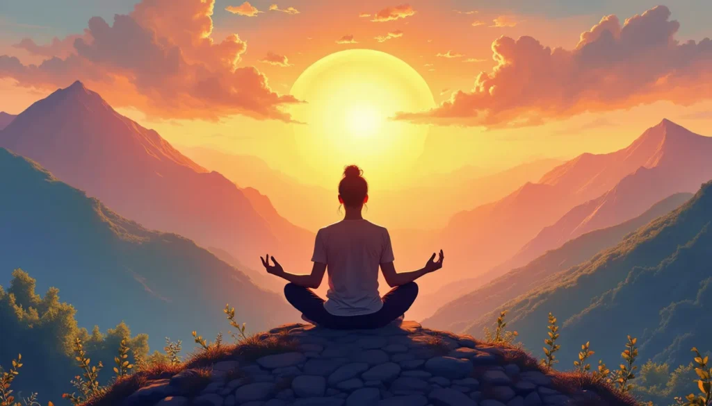 A serene individual sitting in a lotus position on a tranquil mountaintop at sunrise, surrounded by a soft glow of ethereal light, with an aura of calmness