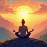 A serene individual sitting in a lotus position on a tranquil mountaintop at sunrise, surrounded by a soft glow of ethereal light, with an aura of calmness