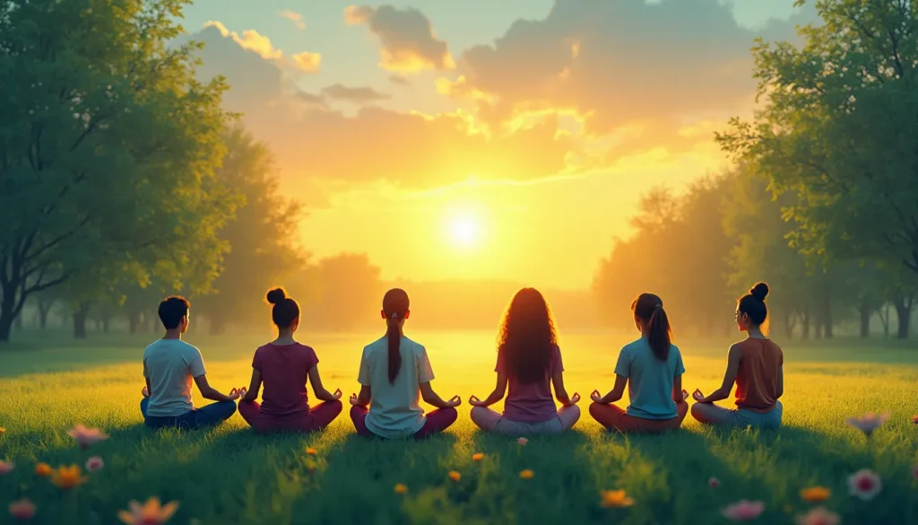 A serene group of diverse people sits in a circle on a lush green meadow, all with eyes closed, engaged in deep meditation. Golden light glows around them,