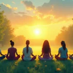 A serene group of diverse people sits in a circle on a lush green meadow, all with eyes closed, engaged in deep meditation. Golden light glows around them,