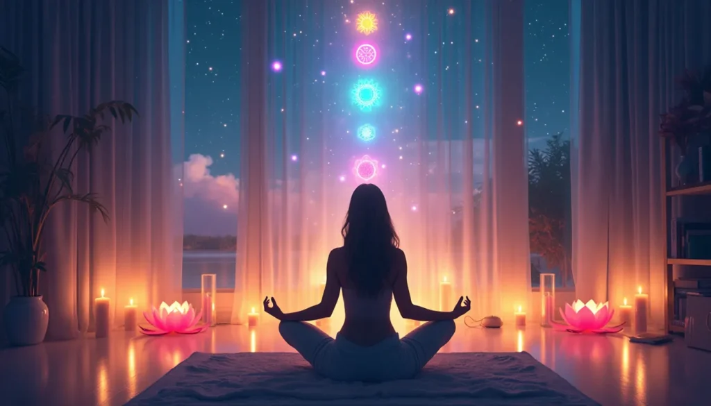 A serene, candle-lit room where a person sits in a meditative pose, surrounded by softly glowing, ethereal imagery such as chakras, lotus flowers, and cele