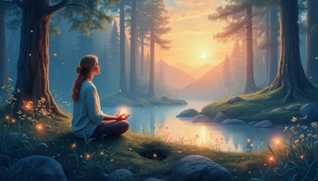 A serene meditation scene set in a peaceful forest, where an individual sits cross-legged on a moss-covered ground, eyes closed, radiating a gentle light.