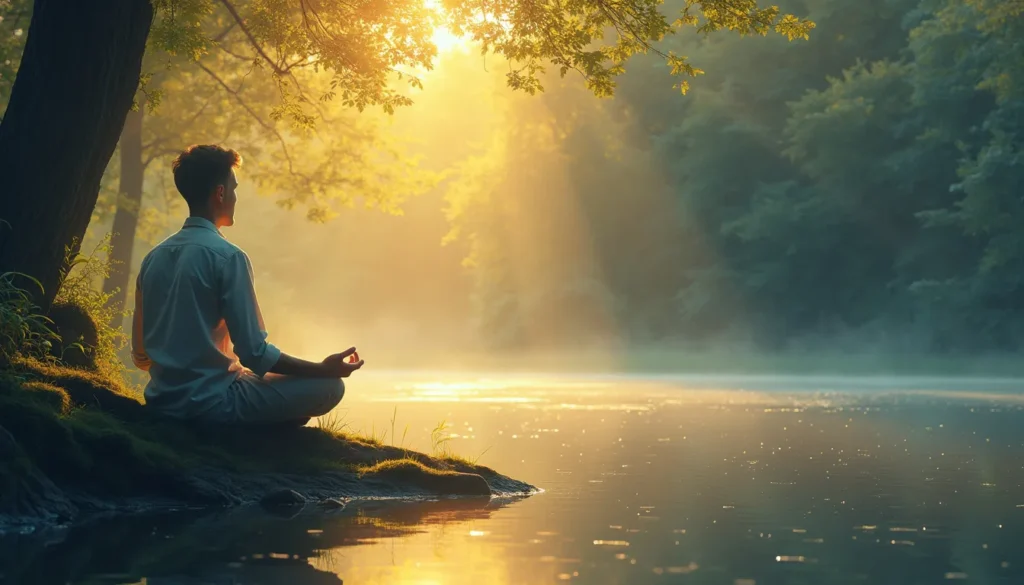 Create an image of a serene figure sitting in deep meditation in a peaceful setting, such as a tranquil forest or by a calm lake, with gentle rays of sunli