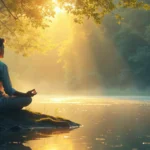 Create an image of a serene figure sitting in deep meditation in a peaceful setting, such as a tranquil forest or by a calm lake, with gentle rays of sunli