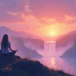 A serene, ethereal landscape at dawn with a person sitting cross-legged in meditation on a hilltop, surrounded by a soft, glowing aura. The sky is filled w