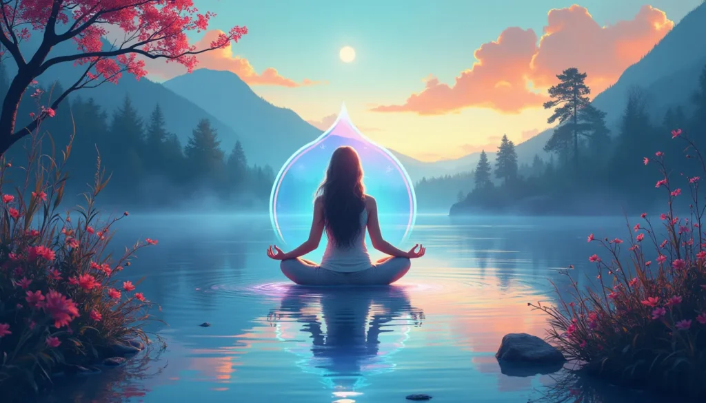 Create an image of a person meditating in a serene, nature-filled environment, surrounded by soft, ethereal light. The scene should evoke a sense of calm a