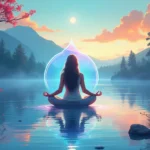 Create an image of a person meditating in a serene, nature-filled environment, surrounded by soft, ethereal light. The scene should evoke a sense of calm a