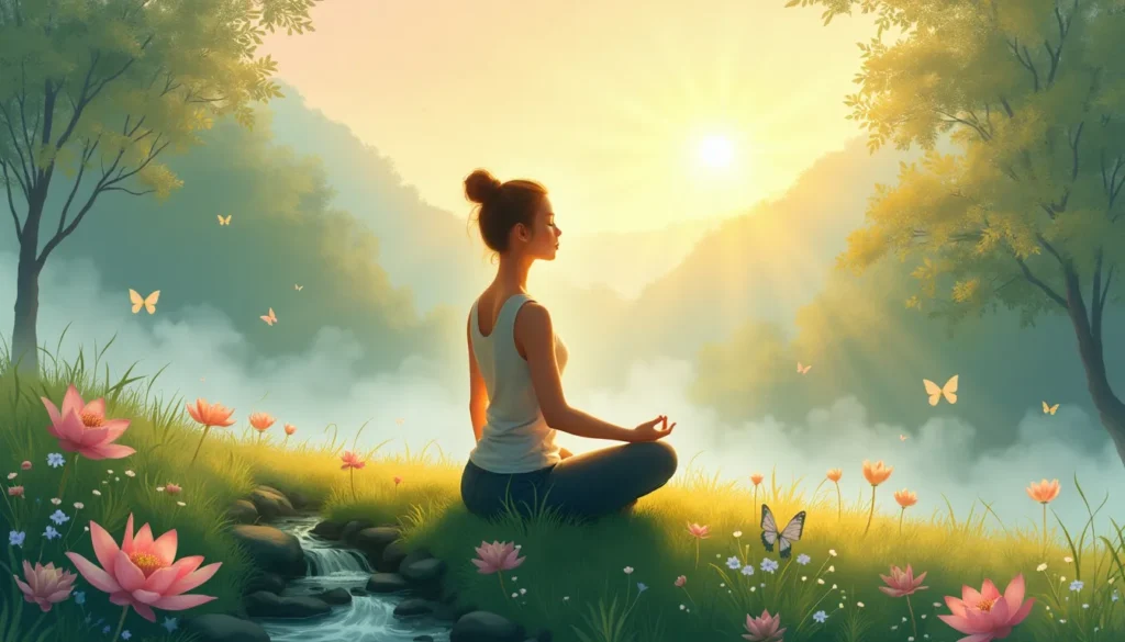 A tranquil scene featuring a person sitting cross-legged on a grassy hilltop, eyes closed and hands gently resting on their knees, with a serene and peacef