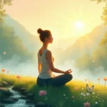 A tranquil scene featuring a person sitting cross-legged on a grassy hilltop, eyes closed and hands gently resting on their knees, with a serene and peacef