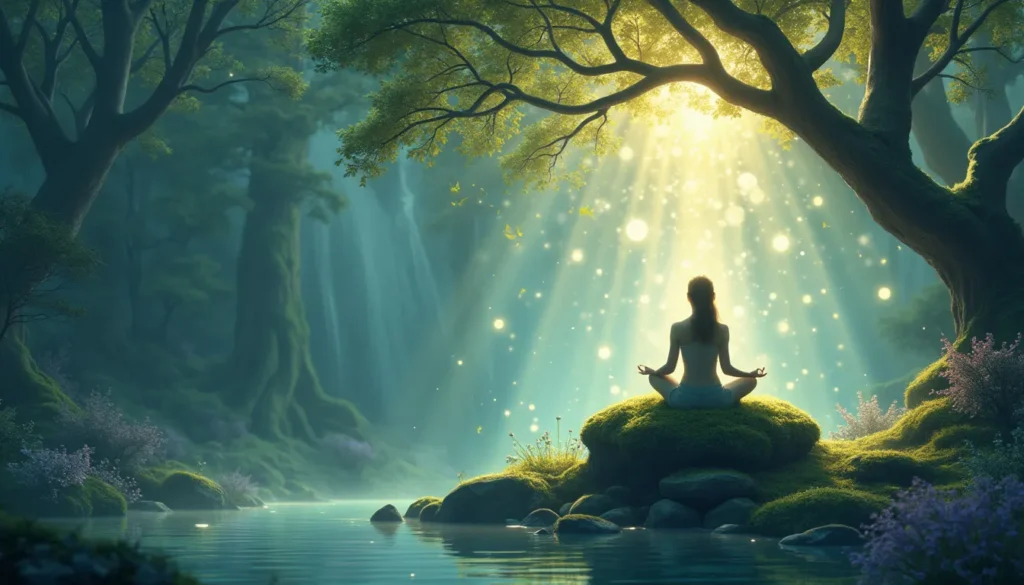 A serene and ethereal landscape with a person sitting in a lotus position on a moss-covered rock, surrounded by gentle streams of light. Soft, glowing ener