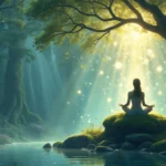 A serene and ethereal landscape with a person sitting in a lotus position on a moss-covered rock, surrounded by gentle streams of light. Soft, glowing ener