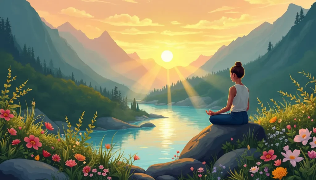 A serene mountainous landscape at sunrise, with lush greenery and a crystal-clear river flowing through the valley. In the foreground, a person is sitting