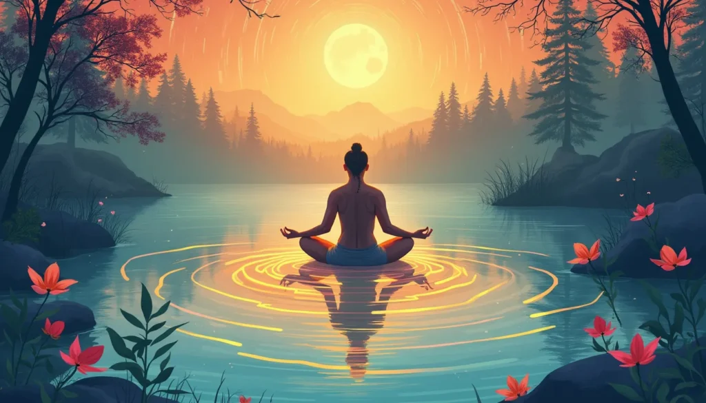 Create an image of a serene person meditating in a tranquil, natural setting like a forest or near a calm lake, surrounded by gentle, swirling energy patte