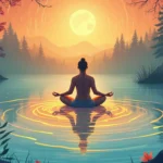 Create an image of a serene person meditating in a tranquil, natural setting like a forest or near a calm lake, surrounded by gentle, swirling energy patte