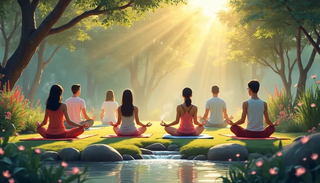 Create an image of a serene meditation setting in an outdoor garden. A diverse group of people are seated cross-legged on yoga mats, surrounded by natural