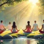 Create an image of a serene meditation setting in an outdoor garden. A diverse group of people are seated cross-legged on yoga mats, surrounded by natural