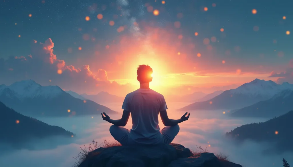 A serene scene of an individual meditating on a mountain peak during sunrise, surrounded by softly glowing orbs of light that signify spiritual energy. Eth