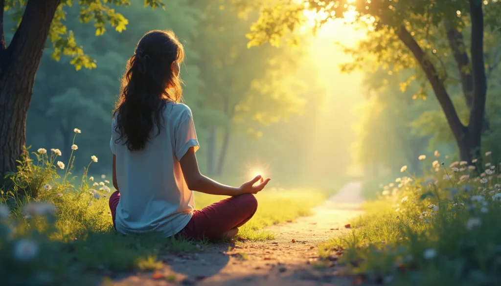 A serene outdoor setting with a peaceful individual sitting cross-legged in meditation, surrounded by nature. Soft rays of sunlight filter through the tree