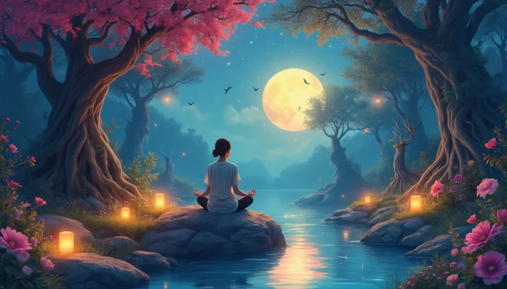 A serene, mystical landscape featuring a person seated in a lotus position on a large rock by a tranquil river, surrounded by softly glowing lanterns. The