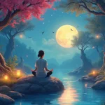 A serene, mystical landscape featuring a person seated in a lotus position on a large rock by a tranquil river, surrounded by softly glowing lanterns. The